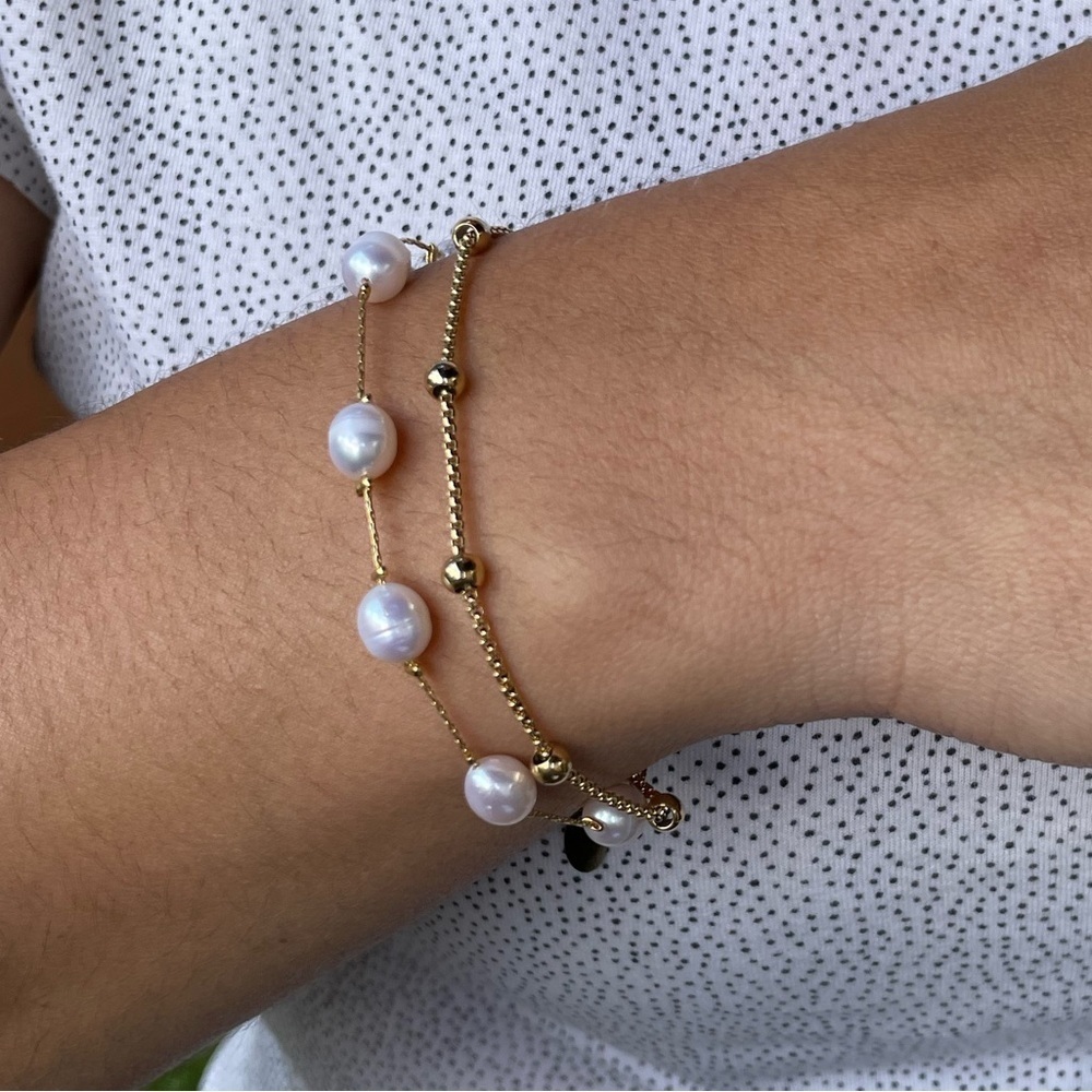 New 18k Gold Natural Pearl Double Strand Chain Bracelet